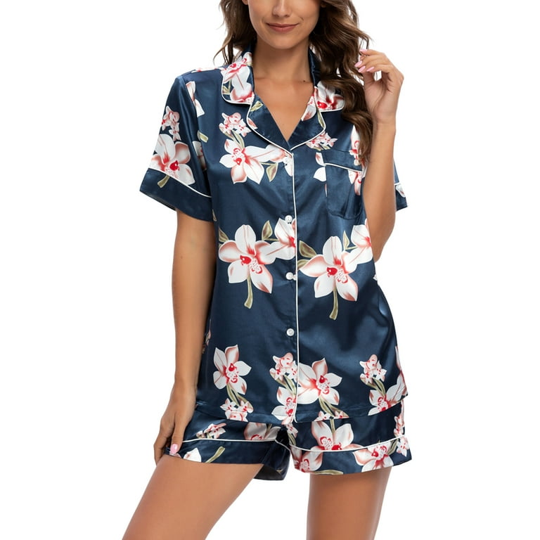 cheibear Womens Floral Button Down Shirt and Shorts Satin 2pcs Pajama Set