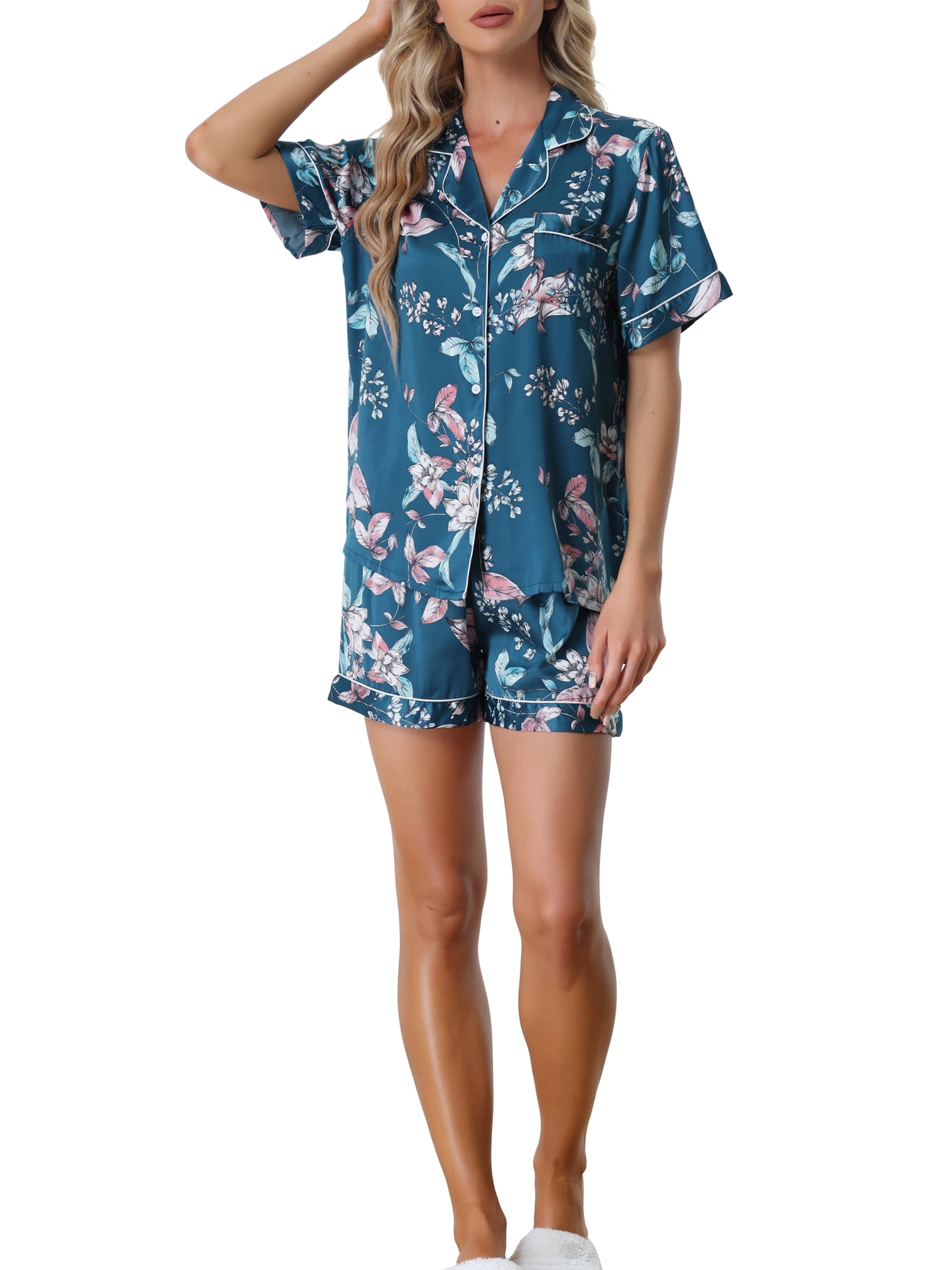 cheibear Womens Floral Button Down Shirt and Shorts Satin 2pcs Pajama Set 
