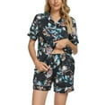 thumbnail image 1 of INSPIRE CHIC Women's Satin Pajama Sets Button Down Shirt and Shorts 2 Pcs Floral Loungewear M Black Leaves, 1 of 5