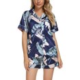 thumbnail image 1 of INSPIRE CHIC Women's Satin Pajama Sets Button Down Shirt and Shorts 2 Pcs Floral Loungewear XS Navy Blue, 1 of 5