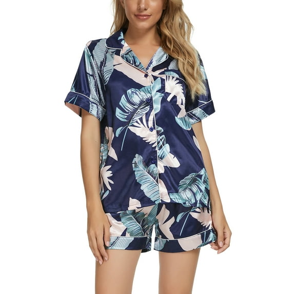 INSPIRE CHIC Women's Satin Pajama Sets Button Down Shirt and Shorts 2 Pcs Floral Loungewear XS Navy Blue
