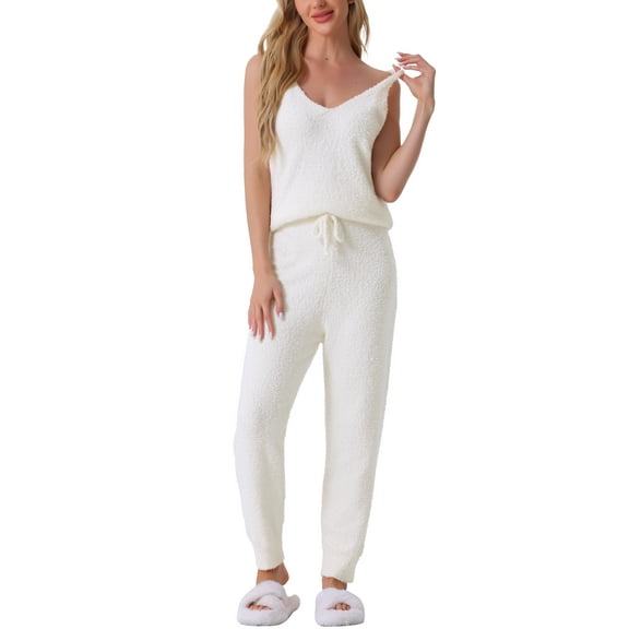 INSPIRE CHIC Women's Fluffy Fleece Pajama Set Sleeveless Cami Joggers Thick Plush Loungewear Sleepwear L White