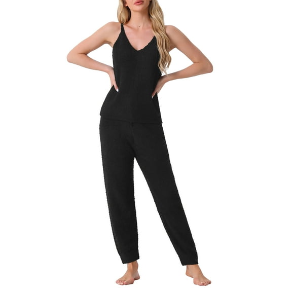 INSPIRE CHIC Women's Fluffy Fleece Pajama Set Sleeveless Cami Joggers Thick Plush Loungewear Sleepwear XL Black