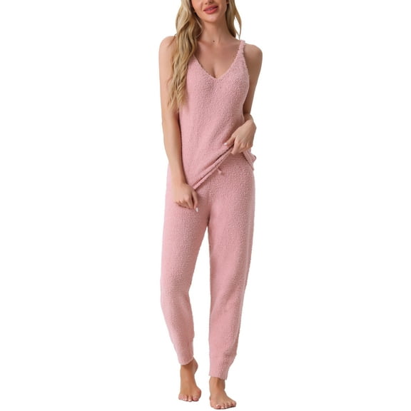 INSPIRE CHIC Women's Fluffy Fleece Pajama Set Sleeveless Cami Joggers Thick Plush Loungewear Sleepwear XL Pink