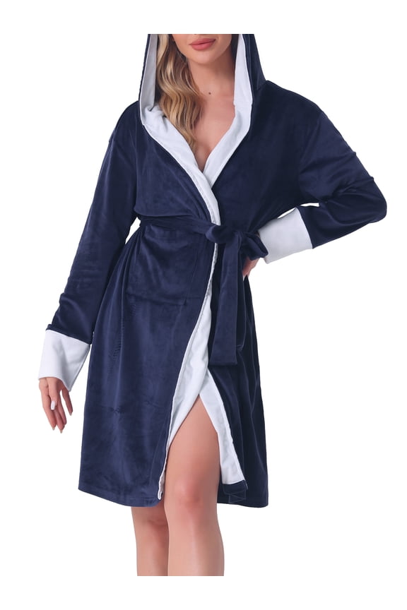 Women's Fluffy Hooded Bathrobe Plush Long Spa Robe 2XL Navy Blue