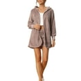 thumbnail image 1 of INSPIRE CHIC Women's Fuzzy Fleece Outfits 3 Piece Pajamas Soft Coat Jacket and Crop Top with Shorts Lounge Set L Rosy Brown, 1 of 6