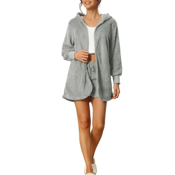 INSPIRE CHIC Women's Fuzzy Fleece Outfits 3 Piece Pajamas Soft Coat Jacket and Crop Top with Shorts Lounge Set XL Gray