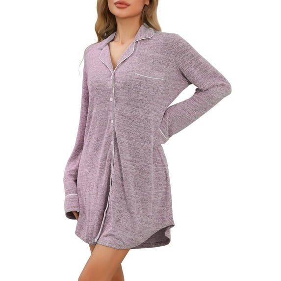 INSPIRE CHIC Women's Knit Nightgown Button Up Short Sleepwear V Neck Lapel Long Sleeves Nightshirt