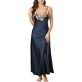 thumbnail image 1 of INSPIRE CHIC Women's Satin Nightgown Floral V Neck Sleeveless Sleepwear Party Pajamas Dress L Navy Blue, 1 of 5