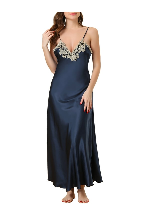 Women's Satin Nightgown Floral V Neck Sleeveless Sleepwear Party Pajamas Dress L Navy Blue
