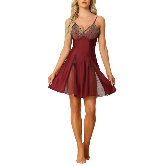 INSPIRE CHIC Women's Lingerie Babydoll Satin Mesh Inset Sweet Nightgown Mini Chemise Dress S Burgundy