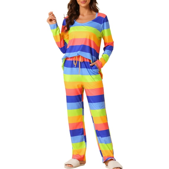 INSPIRE CHIC Women's Pajama Set Cotton Outfits Long Sleeves Top with Pants Colorful Stripe Loungewear 2XL Blue