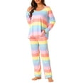 thumbnail image 1 of INSPIRE CHIC Women's Pajama Set Cotton Outfits Long Sleeves Top with Pants Colorful Stripe Loungewear S Pink, 1 of 5