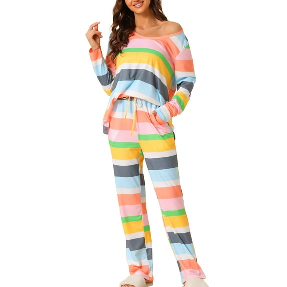 INSPIRE CHIC Women's Pajama Set Cotton Outfits Long Sleeves Top with Pants Colorful Stripe Loungewear S Yellow