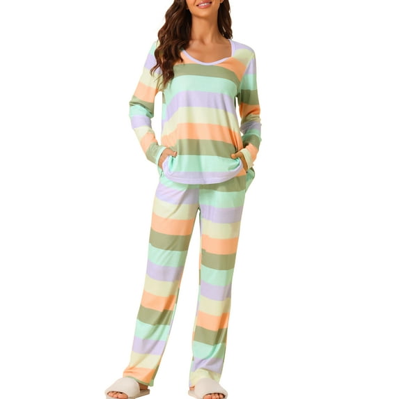 INSPIRE CHIC Women's Pajama Set Cotton Outfits Long Sleeves Top with Pants Colorful Stripe Loungewear XS Purple