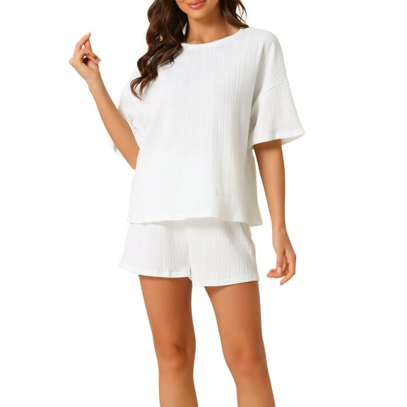 INSPIRE CHIC Women's Lounge Outfits Casual Round Neck Shorts Sleeves Ribbed Tops with Shorts Pajama Sets XS White