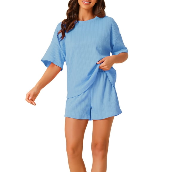 INSPIRE CHIC Women's Lounge Outfits Casual Round Neck Shorts Sleeves Ribbed Tops with Shorts Pajama Sets S Blue