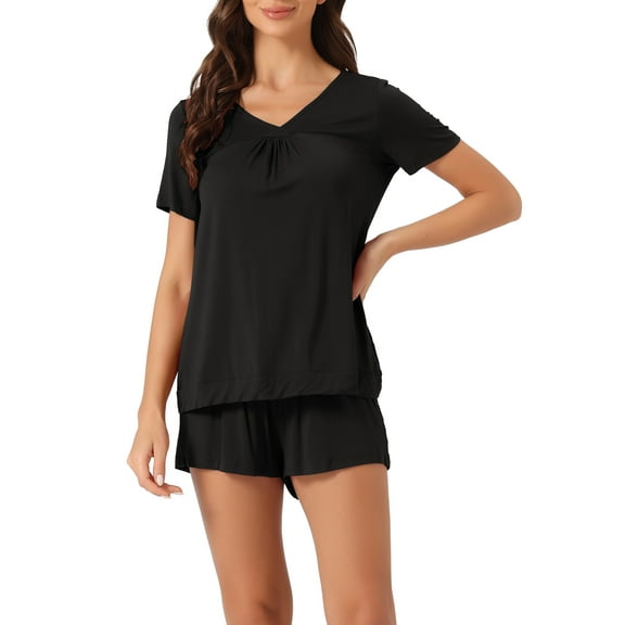 INSPIRE CHIC Women's Lounge Outfits Casual V Neck Shorts Sleeves Tops with Shorts Pajama Sets XS Black