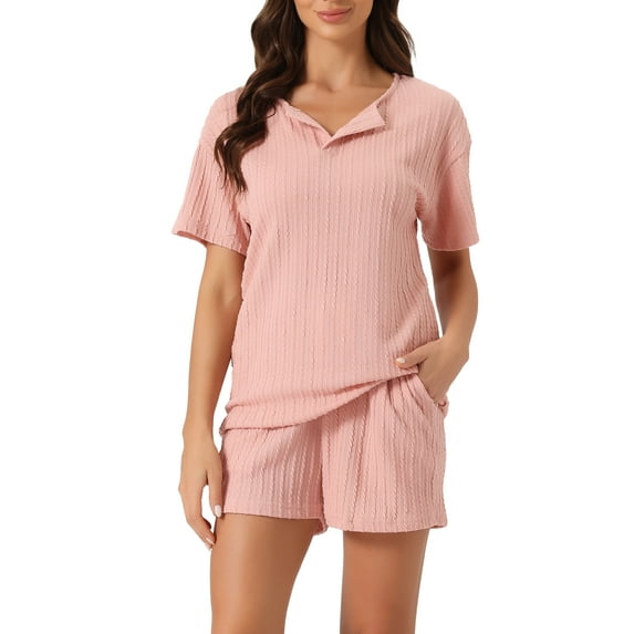 INSPIRE CHIC Women's Lounge Outfits Casual Shorts Sleeves Tops with Pants Pajama Sets with Pockets L Pink