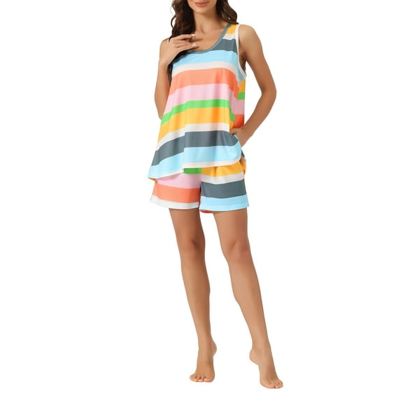INSPIRE CHIC Women's Pajama Sets Tank Tops with Shorts Colorful Stripe Lounge Outfits with Pockets XL Yellow