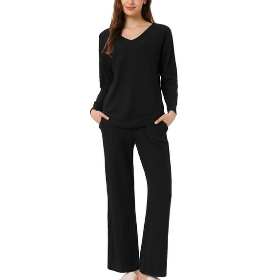 INSPIRE CHIC Women's Lounge Ribbed Knit V Neck Long Sleeve with Pants Pajamas Casual Sleepwear Pajamas Sets S Black