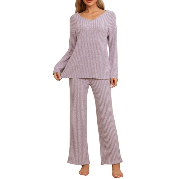 INSPIRE CHIC Women's Lounge Ribbed Knit V Neck Long Sleeve with Pants Pajamas Casual Sleepwear Pajamas Sets XS Pink