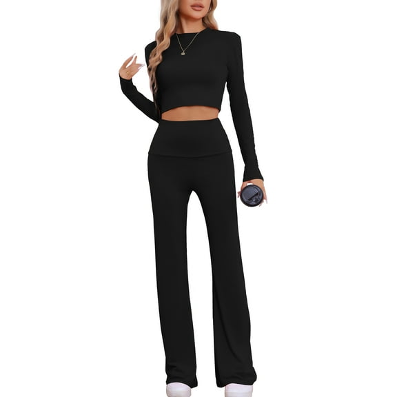 INSPIRE CHIC Women's Lounge Sets Long Sleeve Crop Top Foldover Flare Pants Casual Pajama 2 Piece Outfits XL Black