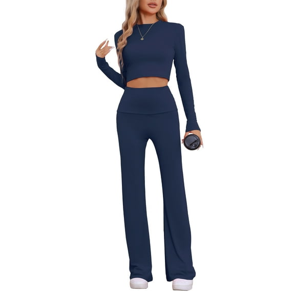 INSPIRE CHIC Women's Lounge Sets Long Sleeve Crop Top Foldover Flare Pants Casual Pajama 2 Piece Outfits L Deep Blue