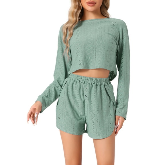 INSPIRE CHIC Women's Loungewear Pajamas Hollow Out Long Sleeve Tops with Slit Shorts Outfits Sets L Green