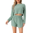 thumbnail image 1 of INSPIRE CHIC Women's Loungewear Pajamas Hollow Out Long Sleeve Tops with Slit Shorts Outfits Sets M Green, 1 of 5