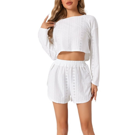 INSPIRE CHIC Women's Loungewear Pajamas Hollow Out Long Sleeve Tops with Slit Shorts Outfits Sets XL White