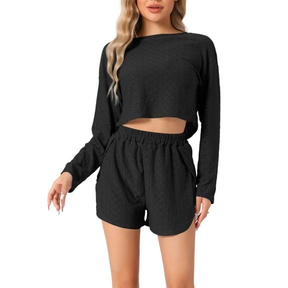 INSPIRE CHIC Women's Loungewear Pajamas Hollow Out Long Sleeve Tops with Slit Shorts Outfits Sets XS Black