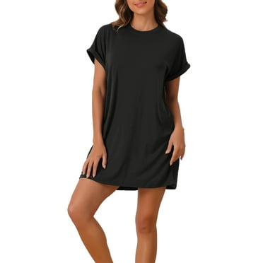 cheibear Women's Nightgown Sleep Dress Short Sleeve Crew Neck Soft Night Dress with Pockets M Black