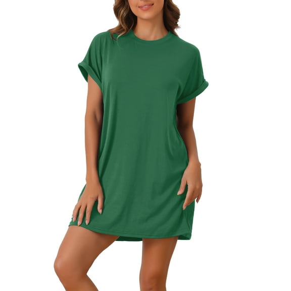 INSPIRE CHIC Women's Nightgown Sleep Dress Short Sleeve Crew Neck Soft Night Dress with Pockets S Green