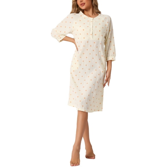 INSPIRE CHIC Women's Nightgowns Button Up Sleepwear 3/4 Sleeve Crew Neck Nightshirts Sleepshirt with Pockets XS Orange polka dots