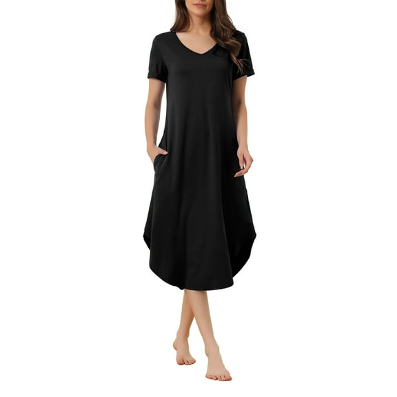 INSPIRE CHIC Women's Nightgown V Neck Short Sleeve Long Nightshirt Spring Summer Lounge Dress with Pocket XS Black