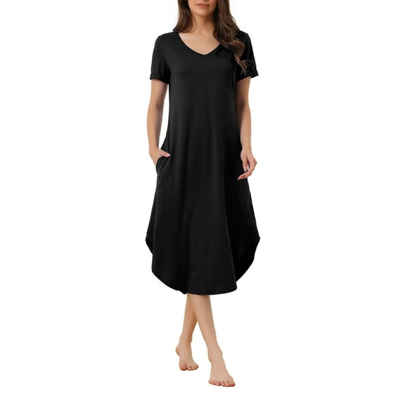 INSPIRE CHIC Women's Nightgown V Neck Short Sleeve Long Nightshirt Spring Summer Lounge Dress with Pocket XS Black
