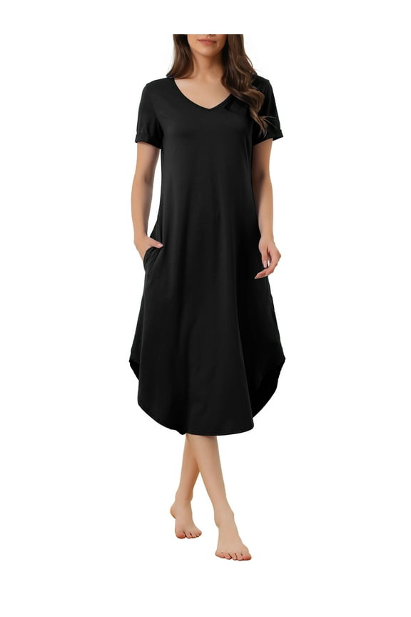 Women's Nightgown V Neck Short Sleeve Long Nightshirt Spring Summer Lounge Dress with Pocket XS Black