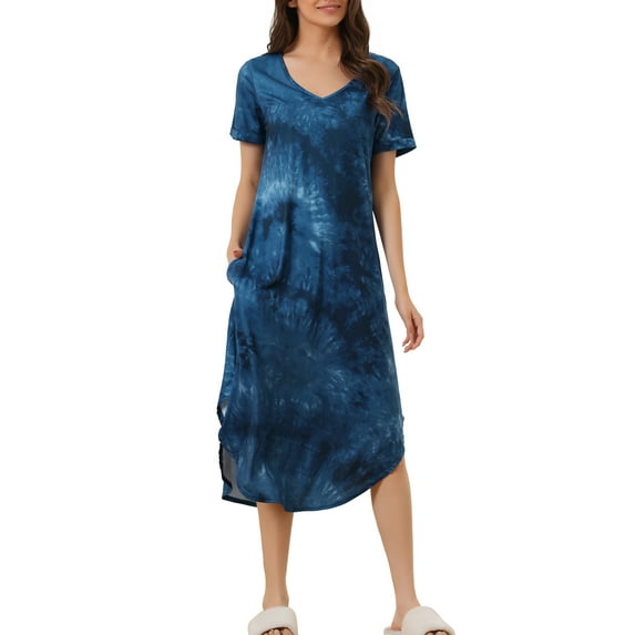 INSPIRE CHIC Women's Nightgown V Neck Short Sleeve Long Nightshirt Spring Summer Lounge Dress with Pocket XS Tie Dye Blue