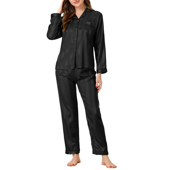 INSPIRE CHIC Women's Satin Pajamas Stripe Lounge Nightshirt Button Down Tops with Pants Pj Sets S Black