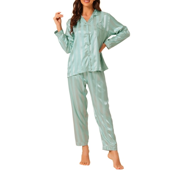 INSPIRE CHIC Women's Satin Pajamas Stripe Lounge Nightshirt Button Down Tops with Pants Pj Sets XS Green