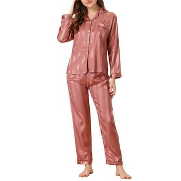 cheibear Women's Satin Pajamas Stripe Lounge Nightshirt Button Down Tops with Pants Pj Sets S Pink