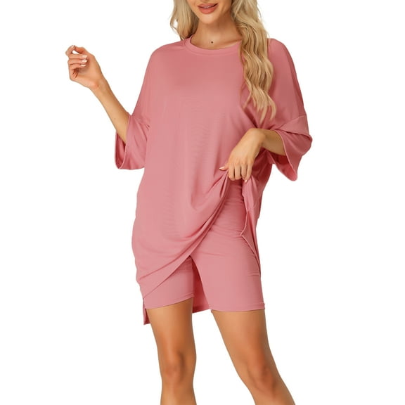 INSPIRE CHIC Women's Oversized Lounge Set Workout Sweatsuits T-Shirt with Biker Shorts Outfits Sets L Brick Red