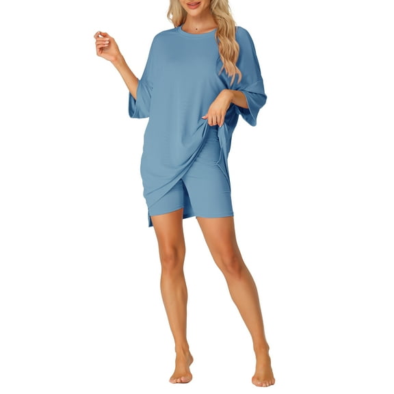 INSPIRE CHIC Women's Oversized Lounge Set Workout Sweatsuits T-Shirt with Biker Shorts Outfits Sets XL Gray Blue