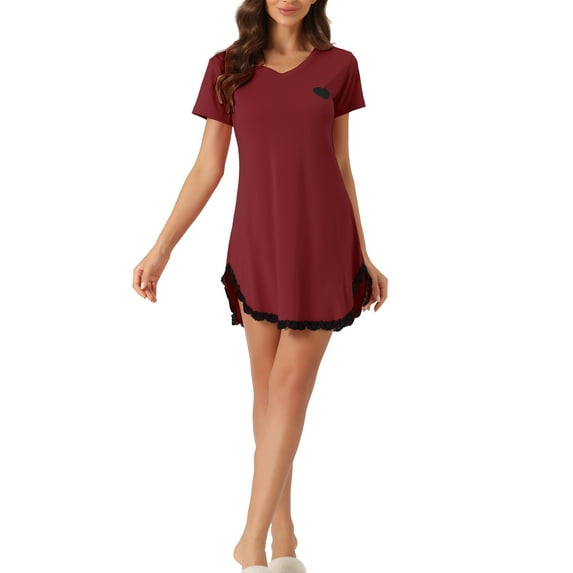 INSPIRE CHIC Women's Pajama Dress Heart Print Lace Trim V Neck Short Sleeves Lounge Nightgowns L Red