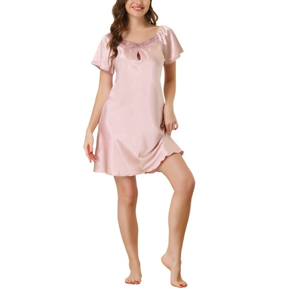 INSPIRE CHIC Women's Pajama Dress Satin Sleepwear Nightshirt Soft Lounge Nightgowns S Lotus Pink