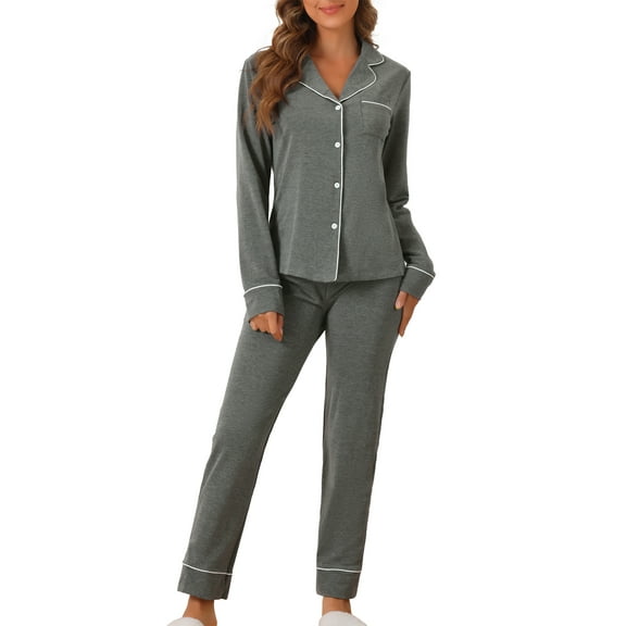INSPIRE CHIC Women's Pajama Loungewear Long Sleeve Button Up Tops with Pants Christmas Two Pieces Matching Pj Sets XS Gray