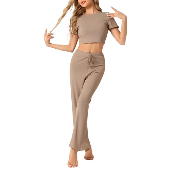 INSPIRE CHIC Women's Pajama Ribbed Knit 2 Piece Short Sleeve Crop Top with Pants Casual Outfits Lounge Sets M Camel