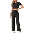 thumbnail image 1 of INSPIRE CHIC Women's Pajama Ribbed Knit 2 Piece Short Sleeve Crop Top with Pants Casual Outfits Lounge Sets XS Black, 1 of 5