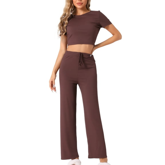 INSPIRE CHIC Women's Pajama Ribbed Knit 2 Piece Short Sleeve Crop Top with Pants Casual Outfits Lounge Sets M Brown